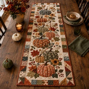 May include: A rectangular quilted table runner featuring a repeating pattern of pumpkins, autumn leaves, and sunflowers in shades of orange, green, and cream. The runner has a patchwork border with small squares in various earth tones and textures.