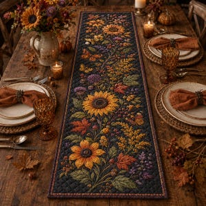 May include: A rectangular quilted table runner featuring a dark background with a printed pattern of sunflowers, autumn leaves, butterflies, and purple wildflowers. The runner is centred on a wooden table with place settings and floral decor.