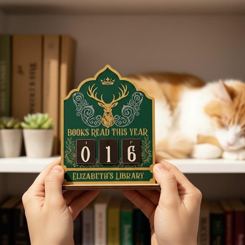 May include: A green and gold wooden book counter with the text "BOOKS READ THIS YEAR" and the number "016". The counter features a deer illustration and the text "ELIZABETH'S LIBRARY".