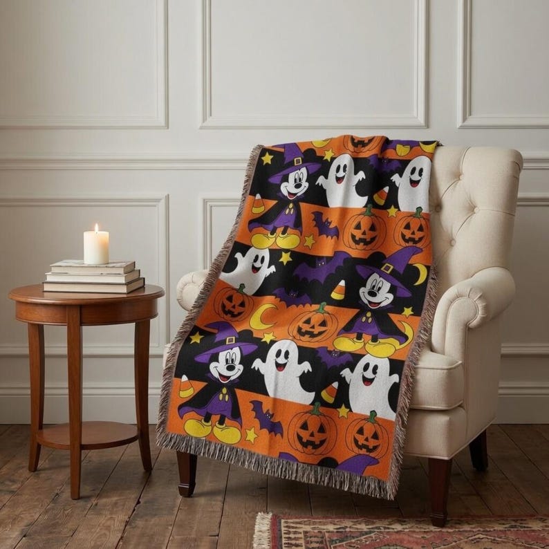 May include: A woven throw blanket featuring a repeating Halloween pattern with Mickey Mouse dressed as a wizard, white ghosts, orange jack-o'-lanterns, purple bats, yellow stars, and candy corn on a black and orange striped background.