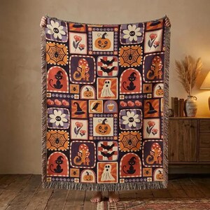 Halloween Patchwork Woven Blanket, Vintage Spooky Throw Blanket, Ghost Cat Pumpkin Quilt Pattern, Cozy Fall Decor Gift
