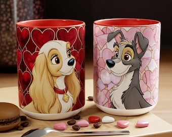 Lady and the Tramp Stained Glass Mug Set, Disney Valentine Couple Coffee Cups, Pink Red Valentine Coffee Gift, Cute Dog Love Mugs