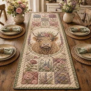 May include: A rectangular quilted table runner featuring a central illustration of a Highland cow wearing a floral crown, surrounded by a patchwork border of various floral patterns in shades of pink, purple, green, and cream on a beige background.