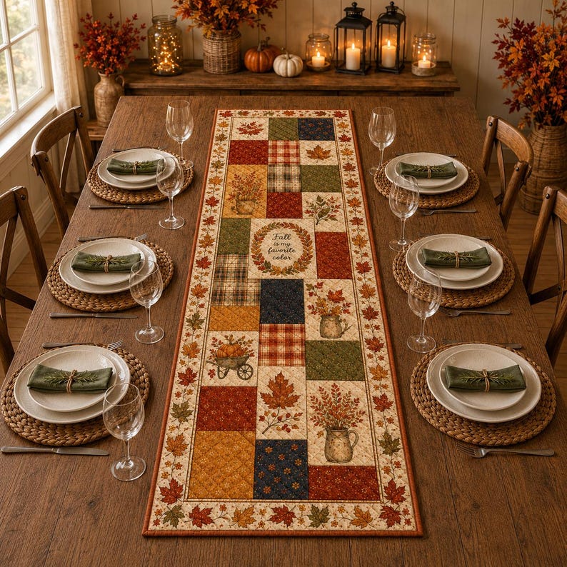 May include: A rectangular fabric table runner featuring a patchwork design of autumn-themed patterns, including maple leaves, pumpkins, and a wheelbarrow, with the text "Fall is my favorite color" centered on a cream background with a leaf border.