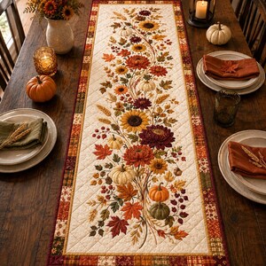 May include: A rectangular quilted table runner featuring a central cream-colored panel with a printed design of sunflowers, chrysanthemums, pumpkins, and autumn leaves. The border consists of a patchwork pattern in shades of red, orange, and brown.