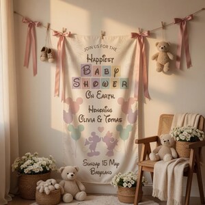 May include: A baby shower banner with the text "Join us for the Happiest Baby Shower on Earth. Honoring Olivia & Tomas." The banner features Mickey Mouse and Minnie Mouse silhouettes and pastel-colored balloons. Teddy bears and floral arrangements decorate the scene.