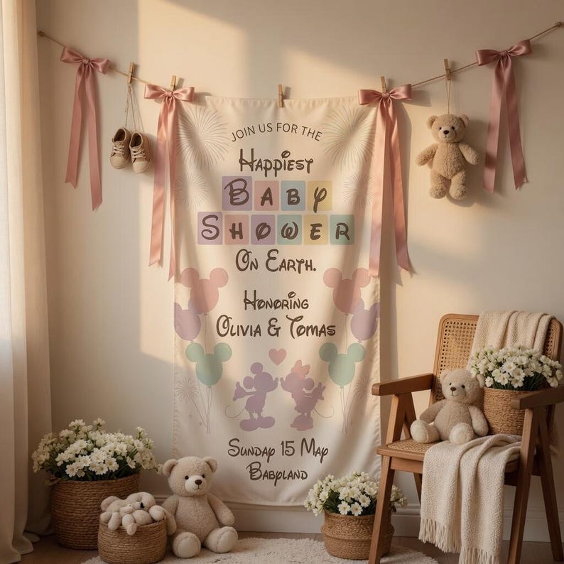 May include: A baby shower banner with the text "Join us for the Happiest Baby Shower on Earth. Honoring Olivia & Tomas." The banner features Mickey Mouse and Minnie Mouse silhouettes and pastel-colored balloons. Teddy bears and floral arrangements decorate the scene.