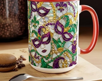 Mardi Gras Stained Glass Mug, Purple Green Gold Mask Cup, New Orleans Carnival Coffee Mug, Festive Glassware Gift Idea
