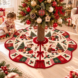 May include: A round, quilted Christmas tree skirt featuring a cream-colored center with illustrations of Santa Claus and elves carrying gifts. The border is decorated with red and green plaid, holly leaves, and red bows at the closure.