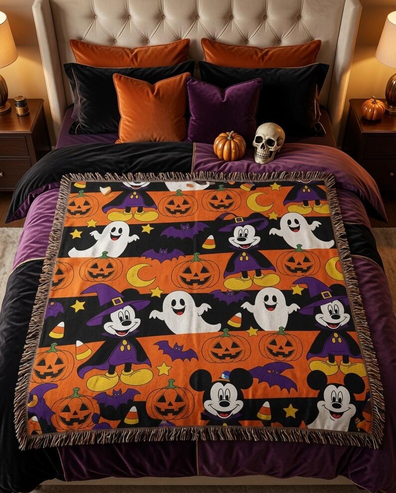 May include: A rectangular woven throw blanket featuring a repeating Halloween pattern of Mickey Mouse dressed in a purple witch hat and cape, white ghosts, orange jack-o'-lanterns, purple bats, yellow stars, and candy corn on orange and black stripes.