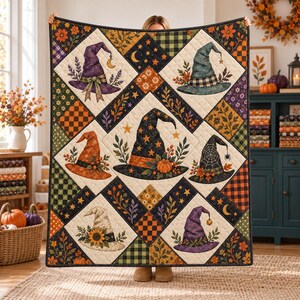 Gesteppte Decke mit Hexenhut-Motiv, Halloween-Patchworkdecke, rustikale Herbstbettwäsche mit Blumenmuster, gruselige Landhaus-Deko für Zuhause