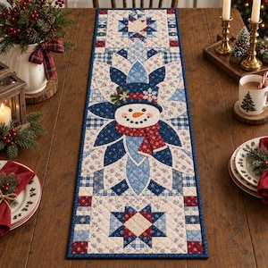 Peut inclure: Un chemin de table matelassé rectangulaire présentant une applique centrale de bonhomme de neige portant un haut-de-forme et une écharpe rouge, entouré de motifs floraux et d'étoiles géométriques bleus et blancs, avec une bordure bleu foncé.