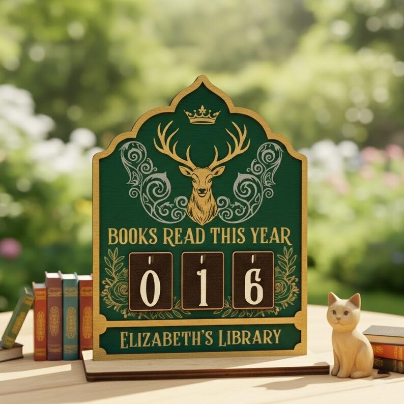 May include: A wooden sign with a green background and gold trim, featuring a deer head and the text "BOOKS READ THIS YEAR." The counter reads "016" and the sign says "ELIZABETH'S LIBRARY" at the bottom. A small cat figurine and books are nearby.