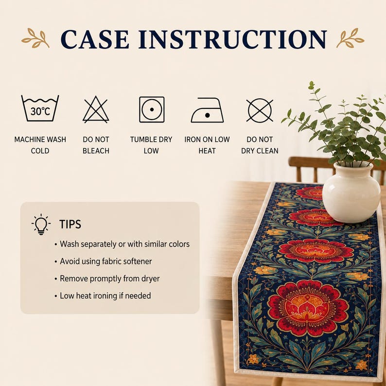 May include: A table runner with a dark blue background and a repeating pattern of large red and orange flowers with green foliage. The image includes text titled CASE INSTRUCTION with laundry care icons and a list of tips for fabric maintenance.