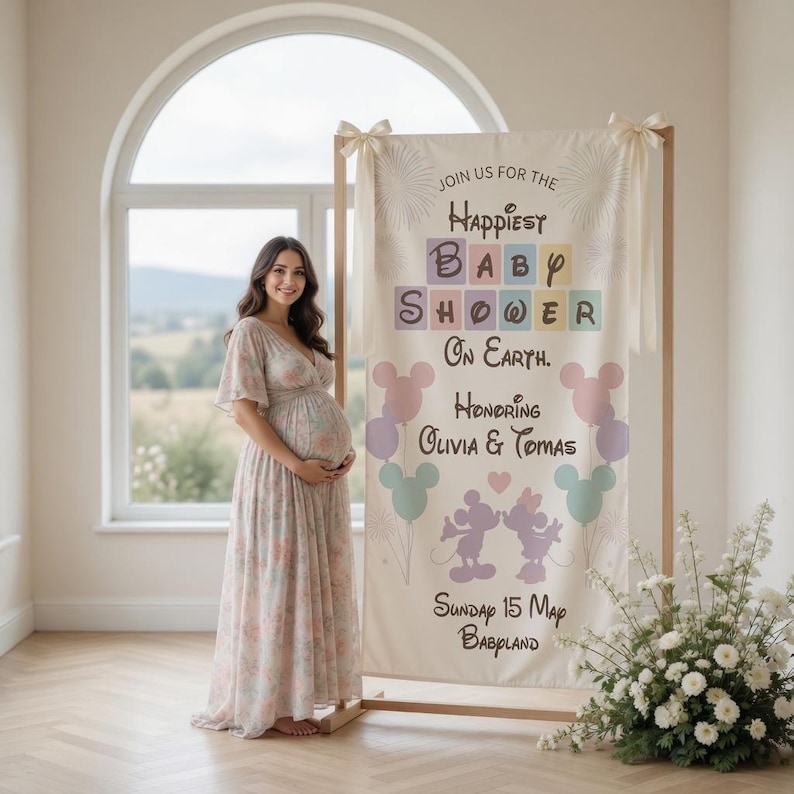 May include: A pregnant person in a floral dress stands next to a banner for a baby shower. The banner reads "Happiest Baby Shower On Earth" with Mickey Mouse-themed graphics and the names Olivia & Tomas. The banner is on a wooden frame.