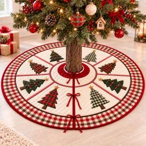 May include: A circular quilted Christmas tree skirt featuring a cream-colored base with alternating green and red plaid Christmas tree appliques. The border is trimmed with a red and green buffalo check pattern and secured with red ribbon ties.