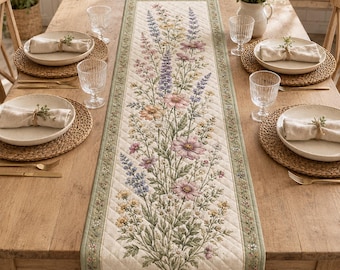 Wildflower Quilted Table Runner, Botanical Floral Runner, Cottage Garden Table Accent, Spring Dining Table, Farmhouse Kitchen Runner