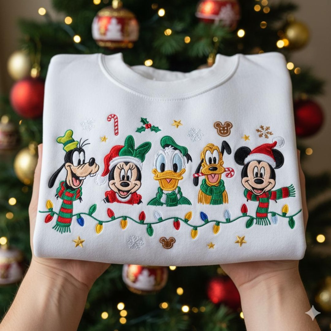 EMBROIDERED Mickey and Friends Christmas Sweatshirt, Mickey Minnie Donald Goofy Pluto Xmas Tee, Disney Holiday Lights Shirt,Disney Xmas Gift