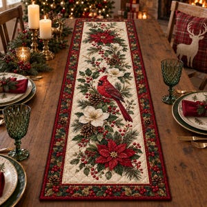 May include: A rectangular quilted table runner featuring a central print of a red cardinal bird, white poinsettias, red poinsettias, pinecones, and holly berries on a cream background, framed by a dark red border with a green holly leaf pattern.