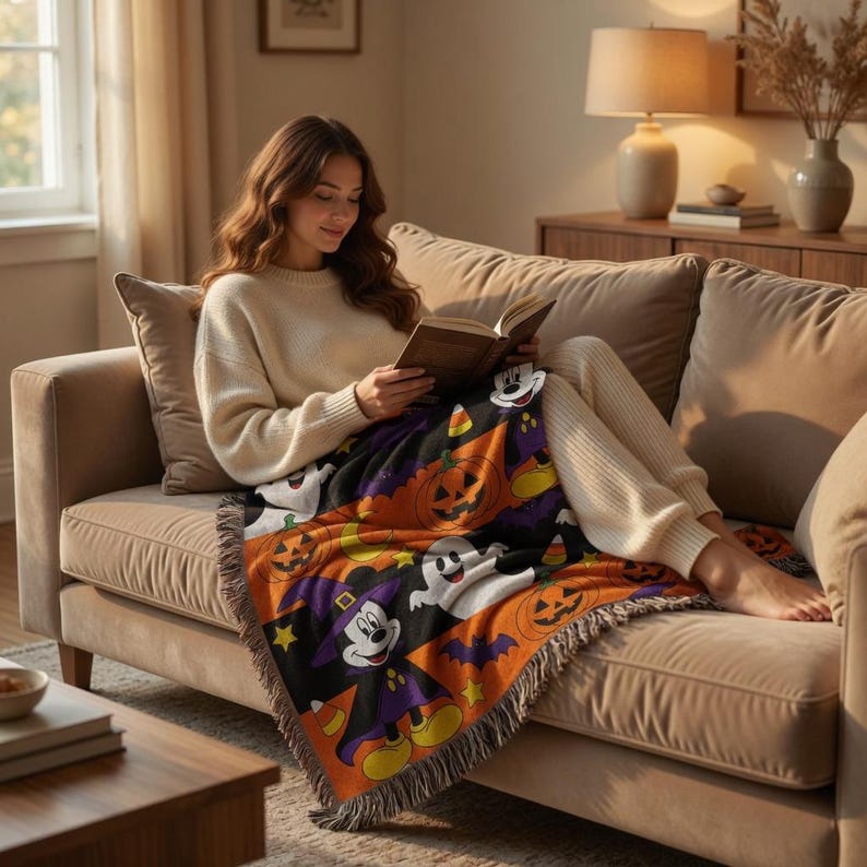 May include: A woven throw blanket featuring a Halloween pattern with Mickey Mouse dressed as a wizard, white ghosts, orange jack-o'-lanterns, purple bats, yellow stars, and candy corn on a black background with a fringed edge.