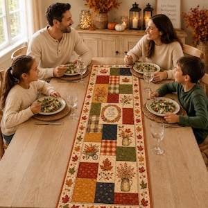 May include: A rectangular fabric table runner featuring a patchwork design with autumn-themed motifs including maple leaves, pumpkins in a wheelbarrow, and floral arrangements in pitchers, with the text Fall is my favorite color in the center.