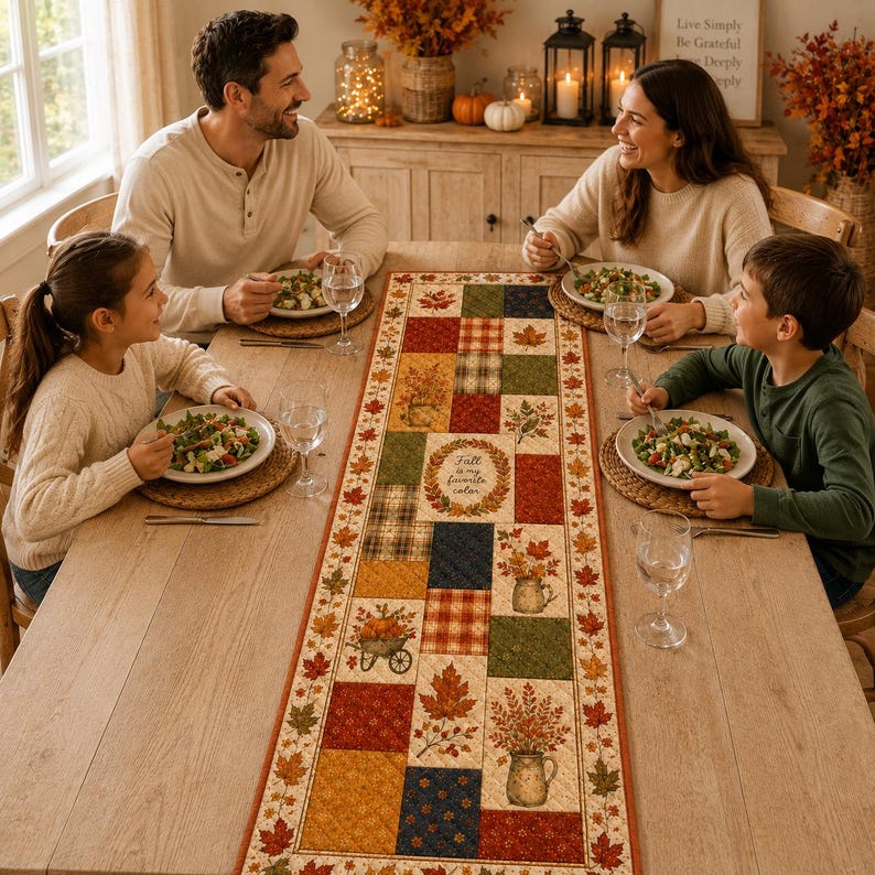 May include: A rectangular fabric table runner featuring a patchwork design with autumn-themed motifs including maple leaves, pumpkins in a wheelbarrow, and floral arrangements in pitchers, with the text Fall is my favorite color in the center.