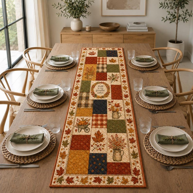 May include: A rectangular table runner featuring a patchwork design with autumn-themed motifs including maple leaves, pumpkins in a wheelbarrow, and floral arrangements in pitchers. The center text reads, Fall is my favorite color.