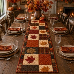 May include: A quilted table runner featuring a patchwork design of autumn maple leaves in shades of red, orange, and brown, alternating with plaid and solid fabric squares, centred on a wooden dining table with place settings and glassware.