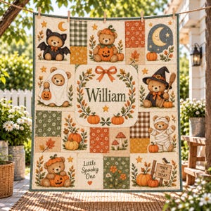Manta personalizada de Halloween com ursinho de pelúcia acolchoado, manta para quarto de bebê com abóbora, fantasma e bruxa, roupa de cama de retalhos com urso assustador, colcha personalizada com nome infantil.