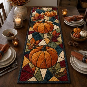 Könnte beinhalten: Ein rechteckiger, gesteppter Tischläufer mit einem Patchwork-Design aus orangefarbenen Kürbissen und bunten Herbstblättern in Rot-, Gold- und Dunkelgrüntönen. Der Stoff weist ein gestepptes Gittermuster und einen dunklen Rand auf.