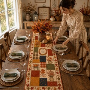 May include: A rectangular fabric table runner featuring a patchwork design of autumn-themed squares, including illustrations of pumpkins, leaves, and a wheelbarrow, with a border of orange maple leaves and the text Fall is my favorite color.