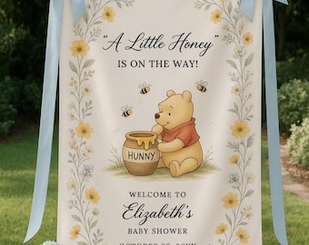 Winnie The Pooh Baby Shower Willkommensschild, A Little Hunny Is On The Way, Babyparty Banner, Benutzerdefinierte Stoffschild, Babypartydekor