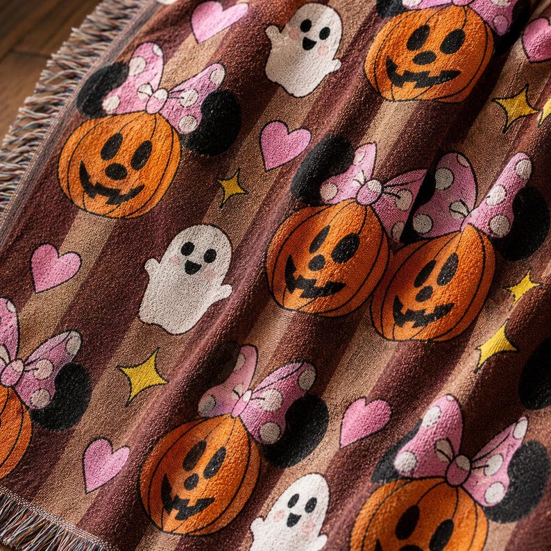K&ouml;nnte beinhalten: Eine gewebte Wohndecke mit einem braunen und dunkelbraunen Streifenmuster, verziert mit sich wiederholenden Motiven aus orangefarbenen K&uuml;rbissen mit rosa gepunkteten Schleifen, wei&szlig;en Geistern, kleinen rosa Herzen und gelben vierzackigen Sternen.