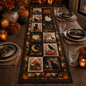 May include: A rectangular quilted table runner featuring a series of seasonal autumn and Halloween-themed illustrations, including black cats, pumpkins, ghosts, crows, and crescent moons, arranged in a grid pattern with a dark border.
