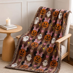 Minnie Maus Halloween gewebte Decke, personalisierte Disney Halloween werfen, süße Kürbis Geist Decke, Halloween Decke, gruselige Saison Bild 4