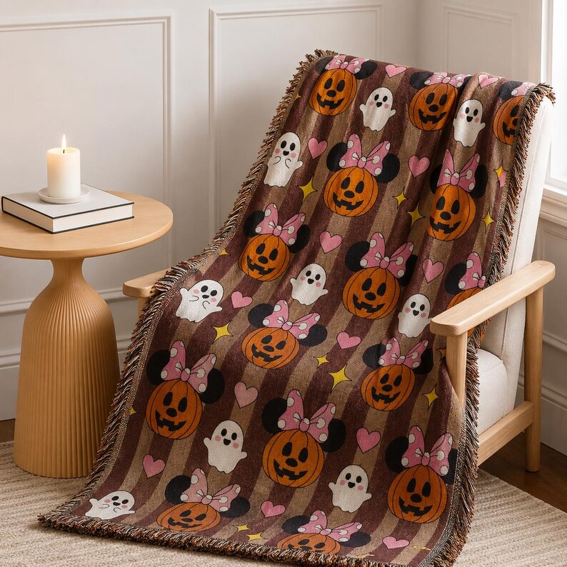 Minnie Maus Halloween gewebte Decke, personalisierte Disney Halloween werfen, süße Kürbis Geist Decke, Halloween Decke, gruselige Saison Bild 4