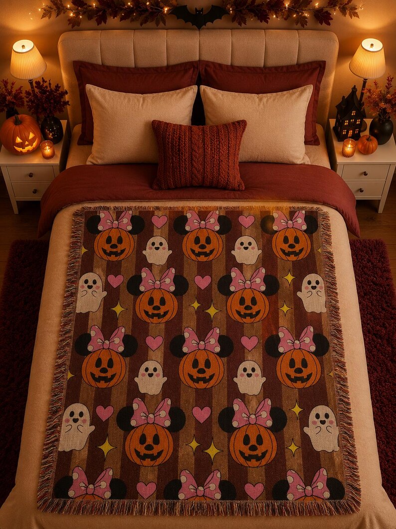 K&ouml;nnte beinhalten: Eine gewebte Wohndecke mit einem sich wiederholenden Muster aus orangefarbenen K&uuml;rbissen mit schwarzen Mausohren und rosa gepunkteten Schleifen, durchsetzt mit kleinen wei&szlig;en Geistern, rosa Herzen und gelben Sternen auf braunem Streifengrund.