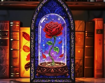 Enchanted Rose Book Nook Suncatcher Candle Holder, Beauty and the Beast Inspired Panel, Stained Glass Fantasy Window Light, Tealight Holder