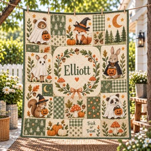 Manta personalizada acolchoada com tema de Halloween na floresta, manta para quarto de bebê com urso fantasma e raposa, roupa de cama patchwork com abóbora e cogumelo, colcha com animais da floresta.