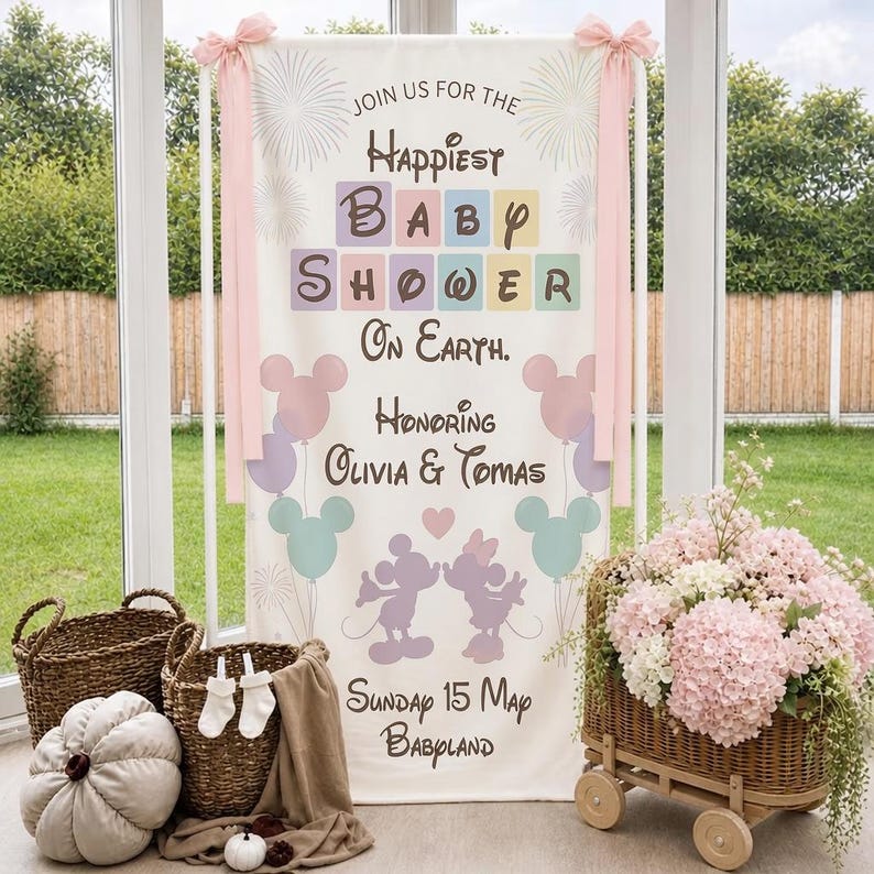 May include: A baby shower banner with the text "Join us for the Happiest Baby Shower on Earth. Honoring Olivia & Tomas." Mickey and Minnie Mouse silhouettes are featured. Pink ribbons and balloons decorate the banner.