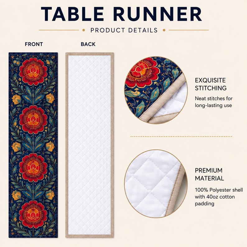 May include: A table runner featuring a dark blue background with a repeating floral pattern of red and orange flowers and green leaves. The back is white with a quilted diamond texture. Text includes TABLE RUNNER, EXQUISITE STITCHING, and PREMIUM MATERIAL.