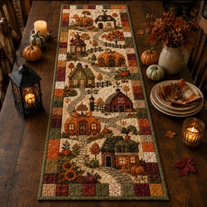 Könnte beinhalten: Ein rechteckiger, gesteppter Tischläufer mit einer detaillierten Herbstszene aus Kürbissen, kleinen Häusern, einer Scheune und einem geschlängelten Steinweg. Der Rand besteht aus einem Patchwork-Muster in den Farben Orange, Braun, Grün und Creme.