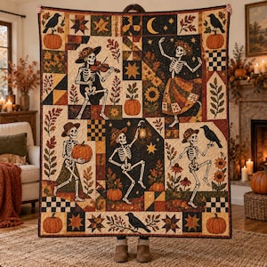Manta acolchada con calavera y calabaza, manta decorativa con bruja bailarina, ropa de cama con retazos de cuervo, decoración rústica de otoño y Halloween para dormitorio de granja.