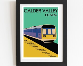 Cartel de viaje vintage del Calder Valley Express: Ruta de Halifax a Manchester - Arte ferroviario - Decoración del hogar