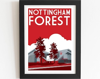 Nottingham Forest retro-stadionprint: stadsvoetbalkunst, woondecoratie Engels voetbal