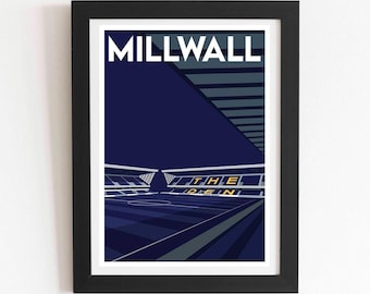 Stampa artistica dello stadio di calcio retrò Millwall The Den, calcio iconico, arredamento per la casa a tema calcio inglese