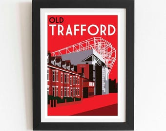Old Trafford Manchester United Retro Kunstdruck: Fußball Stadion Design, englisches Fußball Heim Dekor