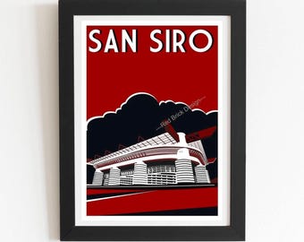 AC Milan San Siro Retro Football Stadium Art Print, Rossoneri, Italian Soccer Home Decor
