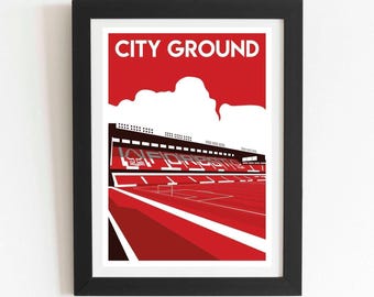 Retro voetbalprint Nottingham Forest City: iconische stadionillustratie, interieurdecoratie Engelse voetbal