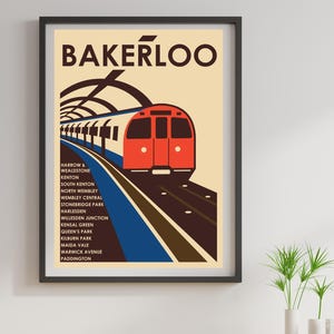 Póster de viaje minimalista con estampado retro de la línea Bakerloo del metro de Londres (norte):